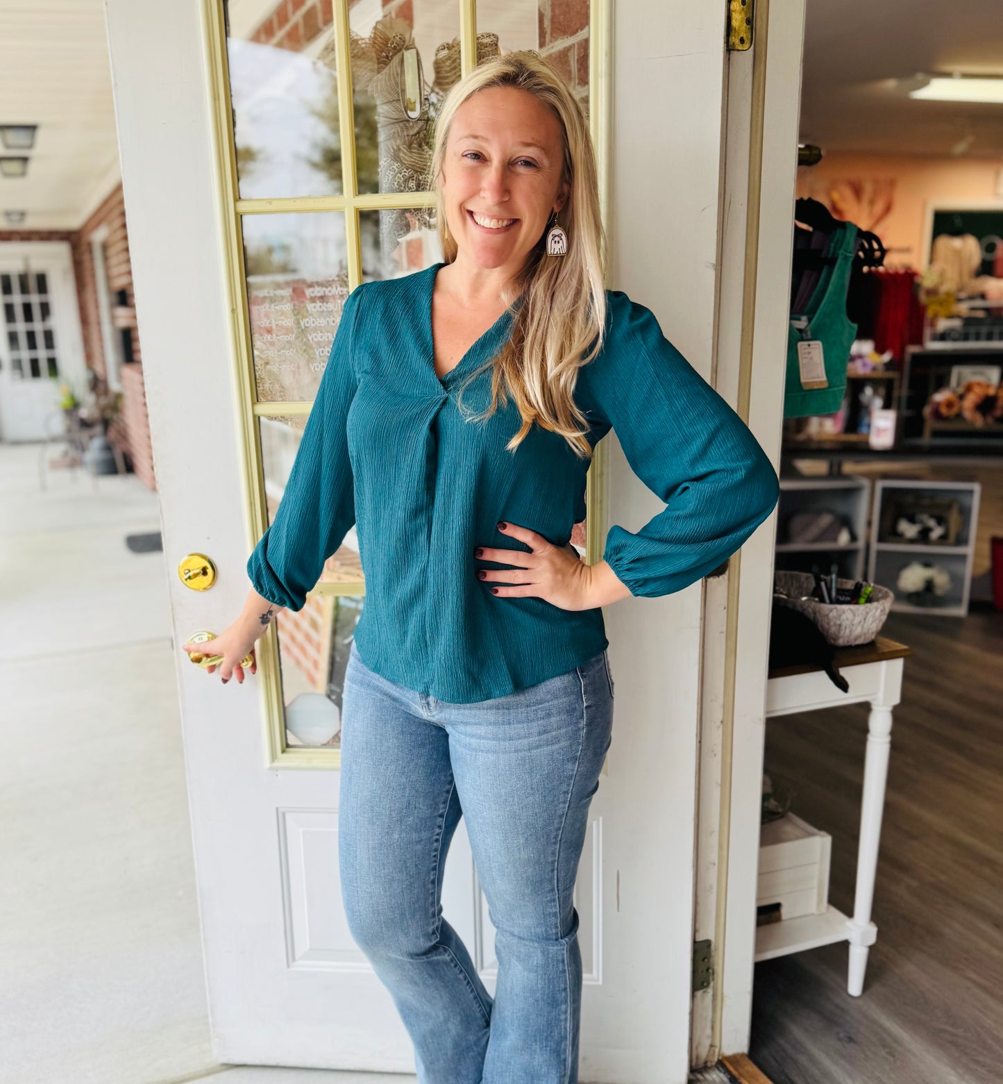 Teal v neck textured top