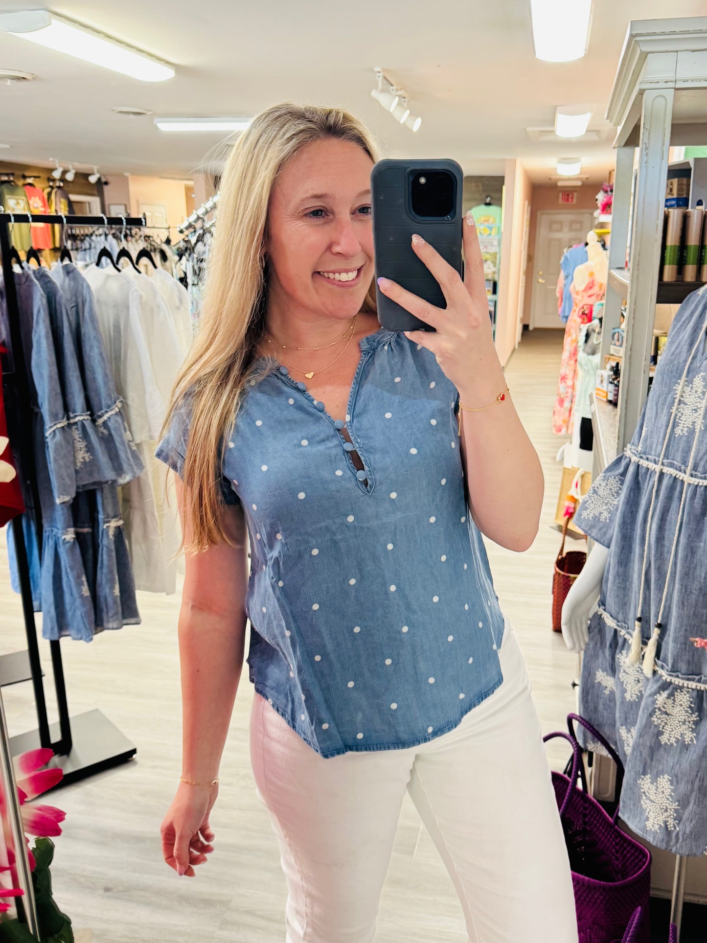 Jean color polkadot top ￼