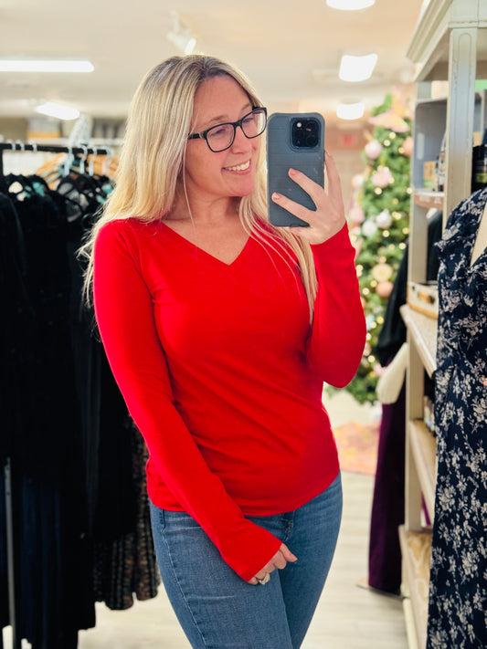 Basic red long sleeve v neck