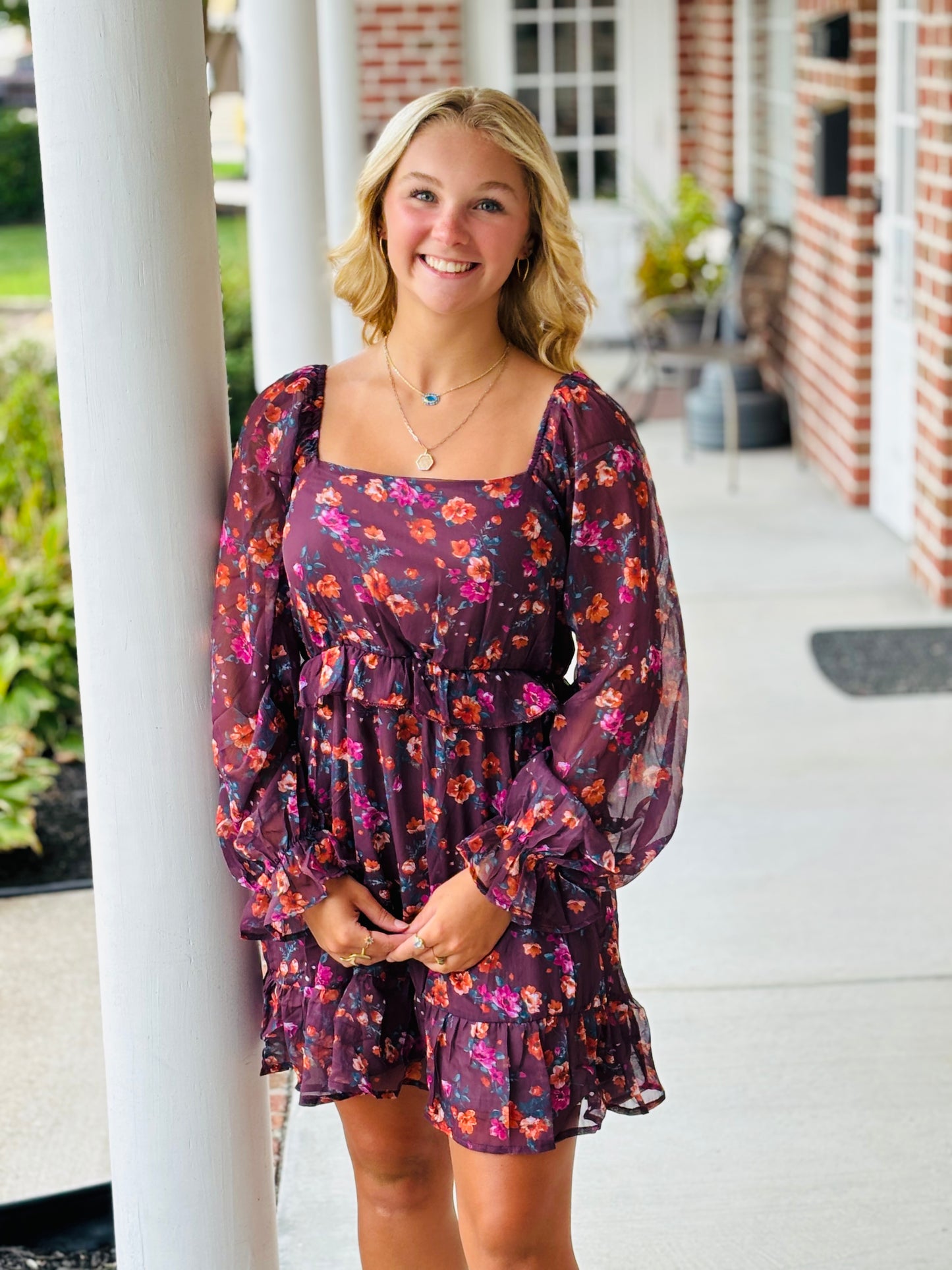 Fall long sleeve maroon floral dress