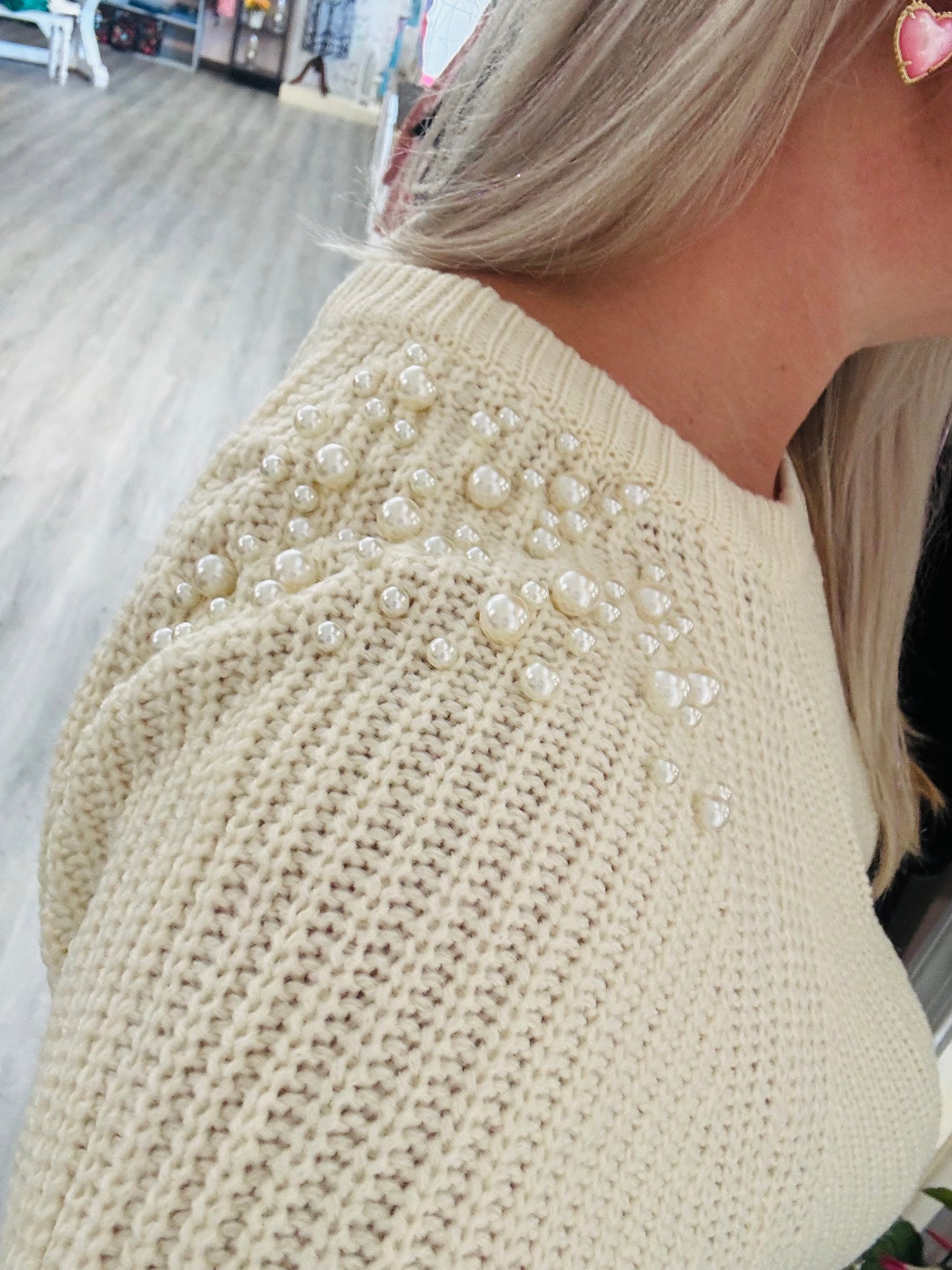 Kimberly sweater with pearl detailing on shoulder
