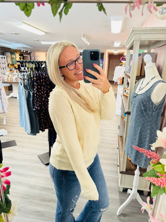 Kimberly sweater with pearl detailing on shoulder