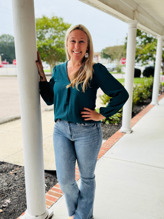 Teal v neck textured top
