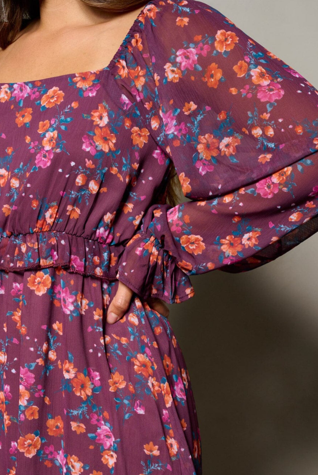 Fall long sleeve maroon floral dress