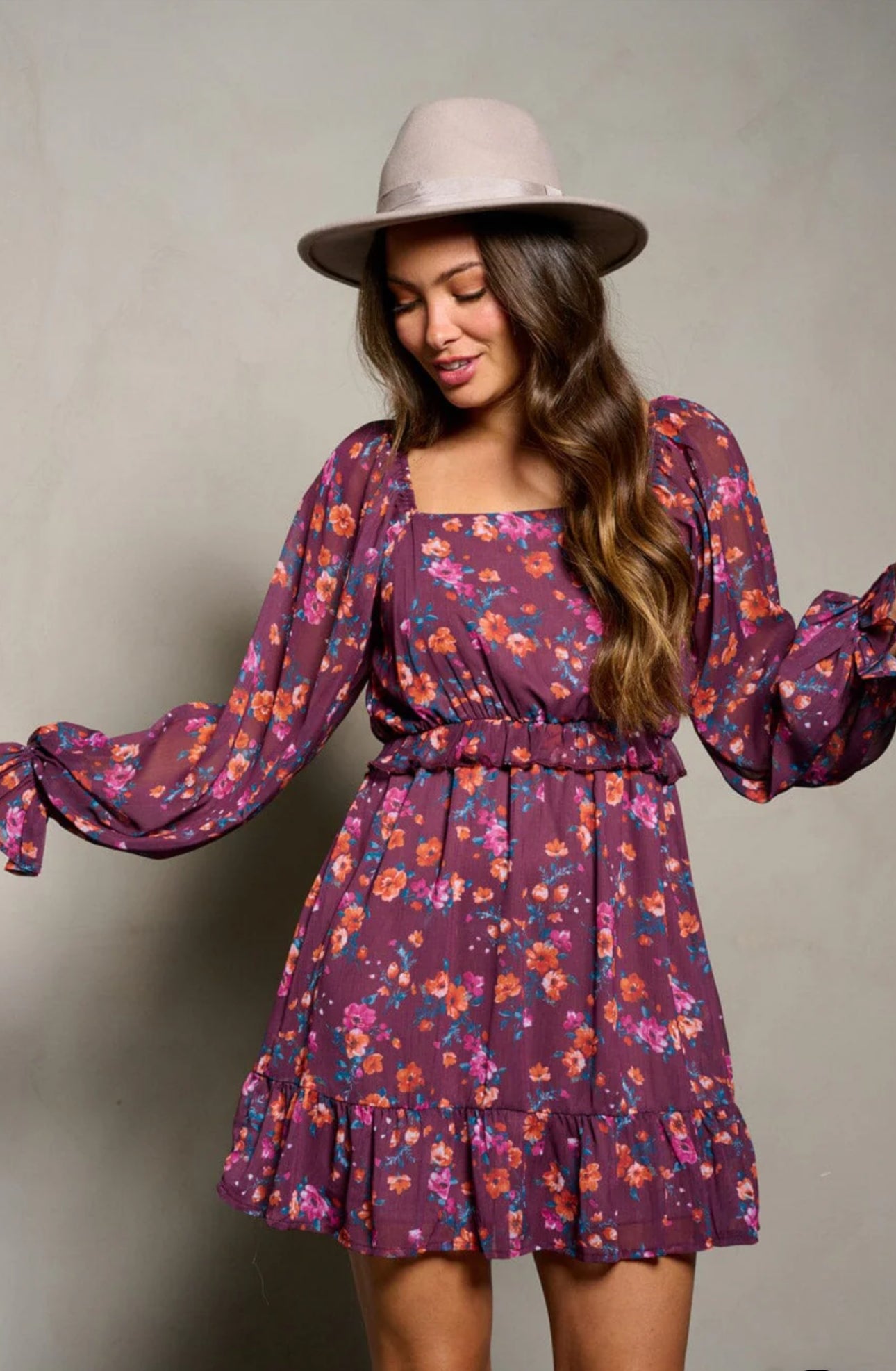 Fall long sleeve maroon floral dress