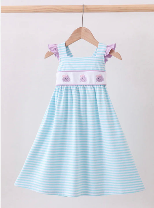 Striped octopus embroidered dress kids